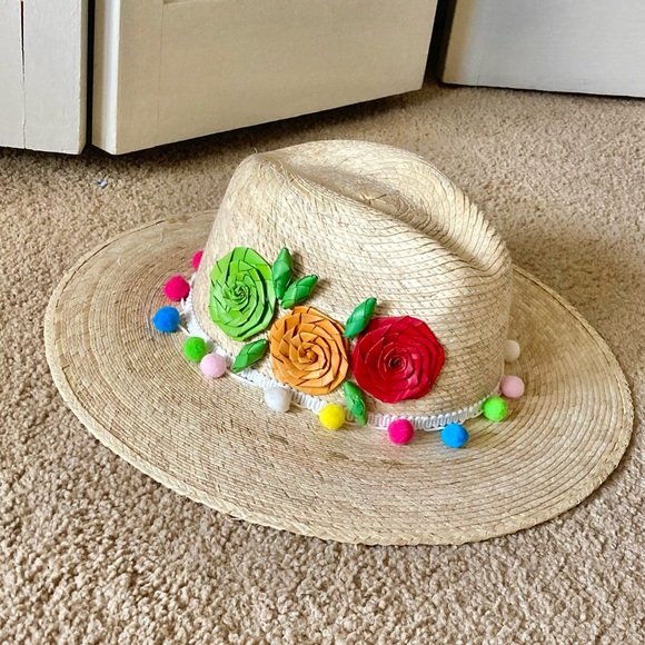 MEXICANA Accessories - Mexicana Vibrant Floral Pompom Straw Hat